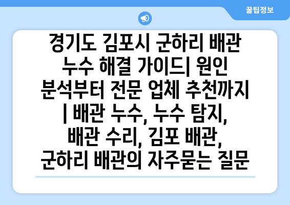 경기도 김포시 군하리 배관 누수 해결 가이드| 원인 분석부터 전문 업체 추천까지 | 배관 누수, 누수 탐지, 배관 수리, 김포 배관, 군하리 배관